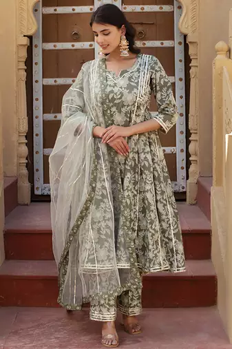 Green cotton printed anarkali