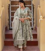 Green cotton printed anarkali