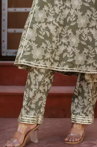 Green cotton printed anarkali