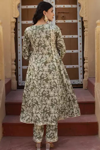 Green cotton printed anarkali