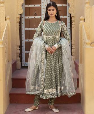 Green cotton printed anarkali 1