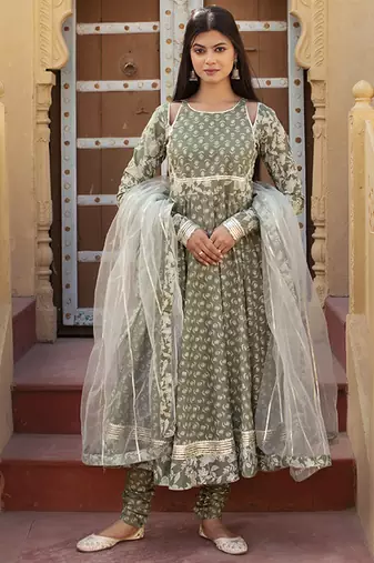 Green cotton printed anarkali