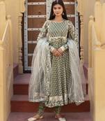 Green cotton printed anarkali