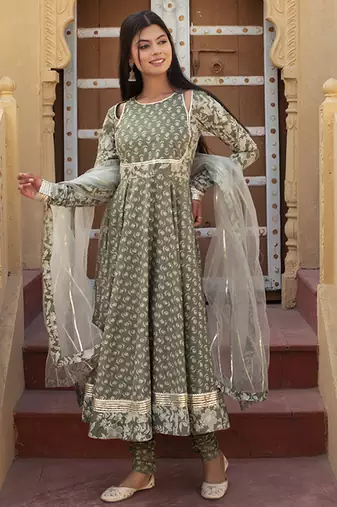 Green cotton printed anarkali