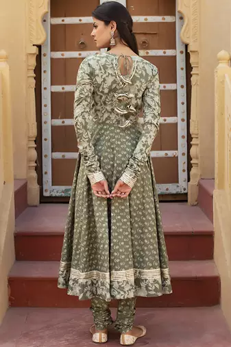 Green cotton printed anarkali