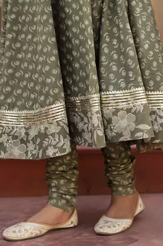 Green cotton printed anarkali