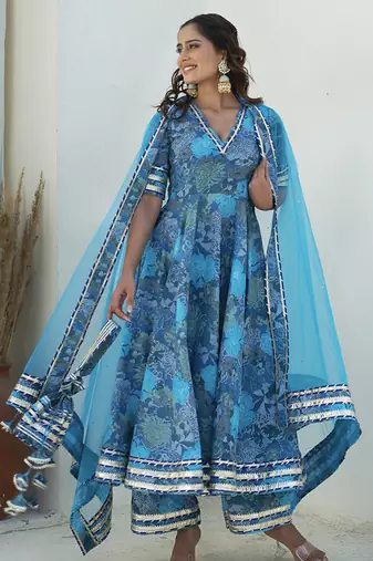 Blue cotton printed anarkali