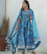 Blue cotton printed anarkali