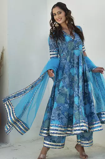 Blue cotton printed anarkali