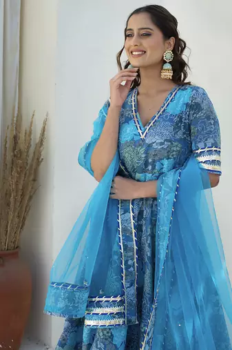 Blue cotton printed anarkali