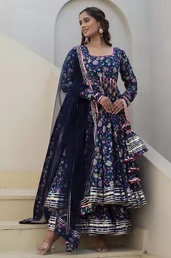 Blue cotton printed anarkali