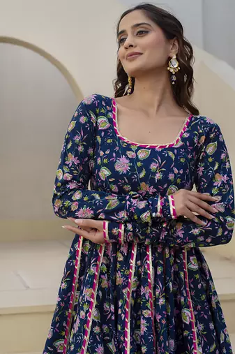 Blue cotton printed anarkali
