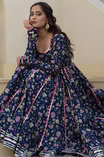 Blue cotton printed anarkali