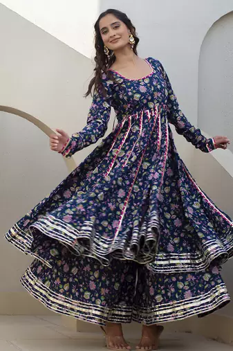 Blue cotton printed anarkali