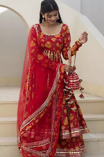 Red cotton printed anarkali