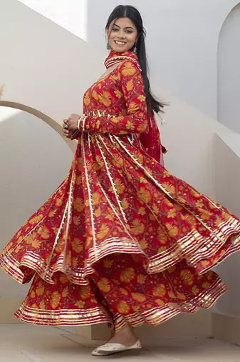 Red cotton printed anarkali