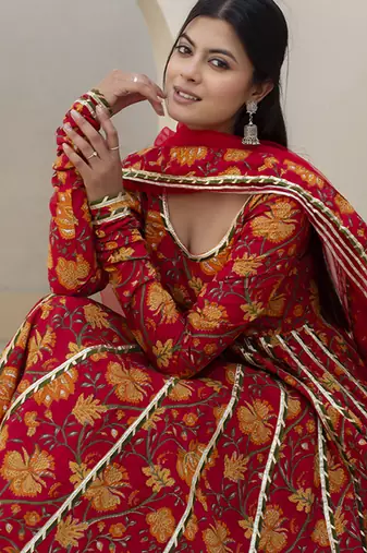 Red cotton printed anarkali