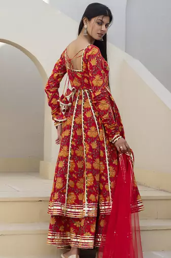 Red cotton printed anarkali