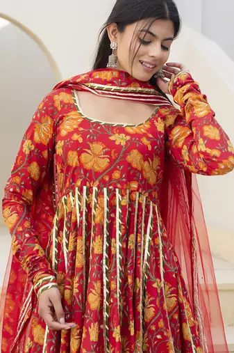 Red cotton printed anarkali