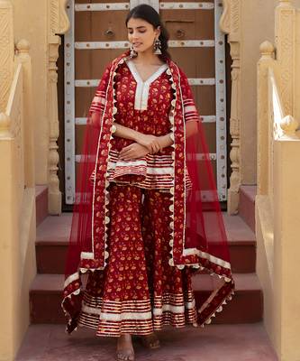 Red cotton printed kurta set 1