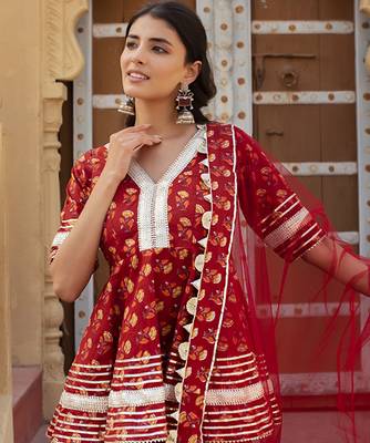 Red cotton printed kurta set 2