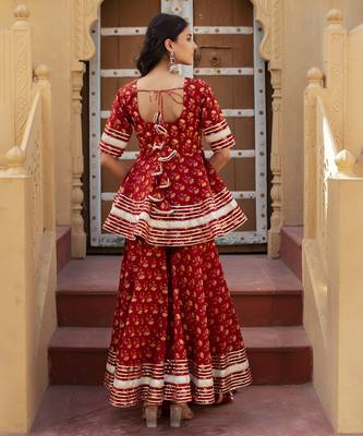 Red cotton printed kurta set 3
