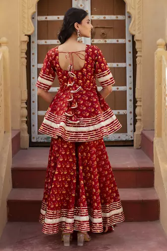Red cotton printed kurta set