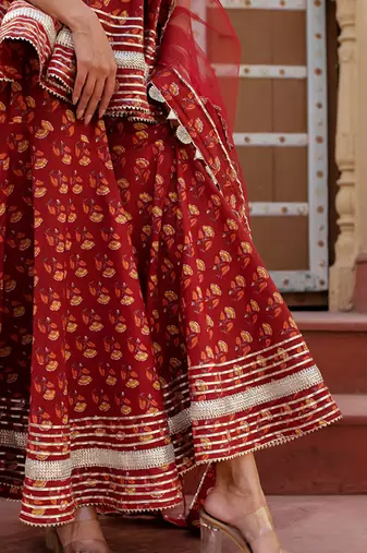 Red cotton printed kurta set