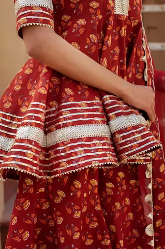Red cotton printed kurta set