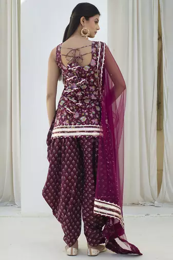 Wine cotton printed kurta set