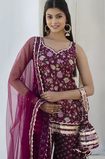 Wine cotton printed kurta set