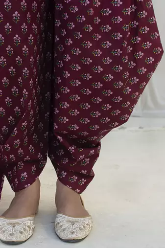 Wine cotton printed kurta set