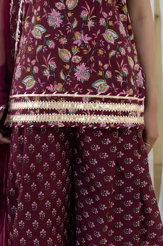Wine cotton printed kurta set