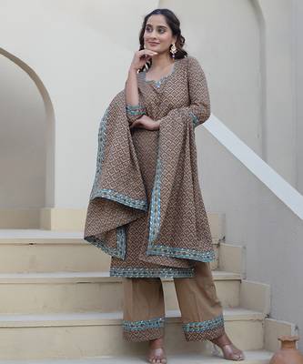 Brown cotton printed kurta set 1