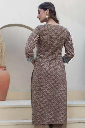 Brown cotton printed kurta set
