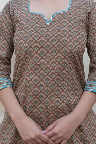 Brown cotton printed kurta set