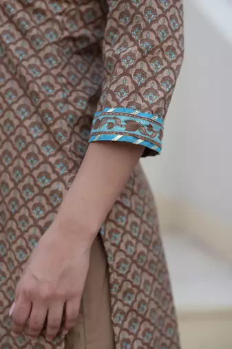 Brown cotton printed kurta set