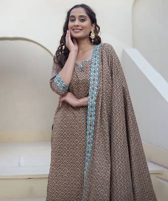 Brown cotton printed kurta set 5