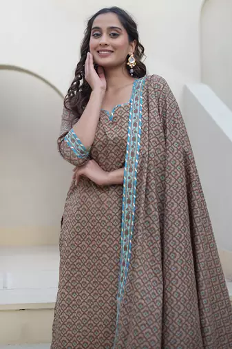 Brown cotton printed kurta set