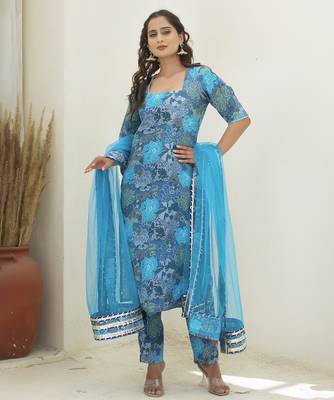 Blue cotton printed kurta set 1