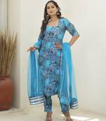 Blue cotton printed kurta set