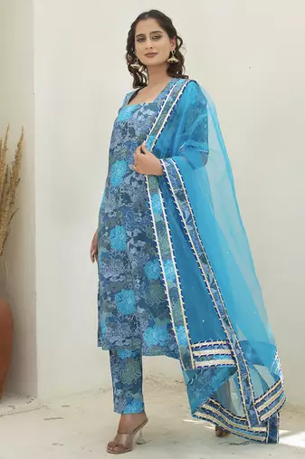 Blue cotton printed kurta set