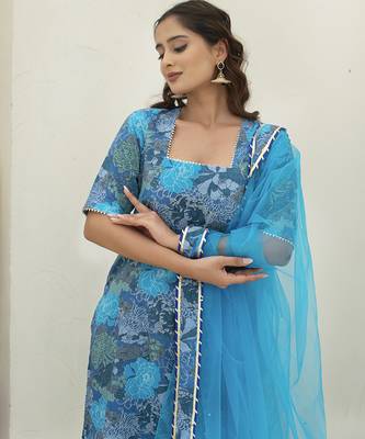 Blue cotton printed kurta set 3