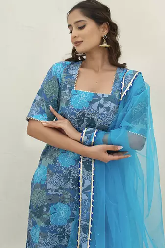 Blue cotton printed kurta set