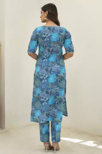Blue cotton printed kurta set