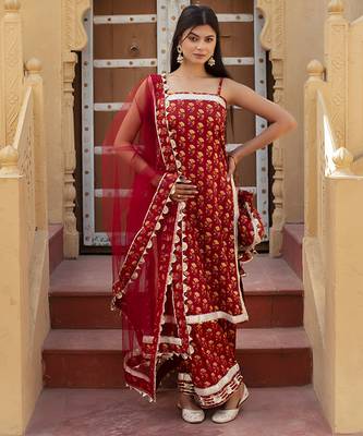 Red cotton printed kurta set 1