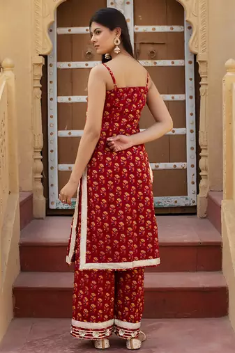 Red cotton printed kurta set