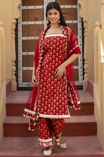 Red cotton printed kurta set