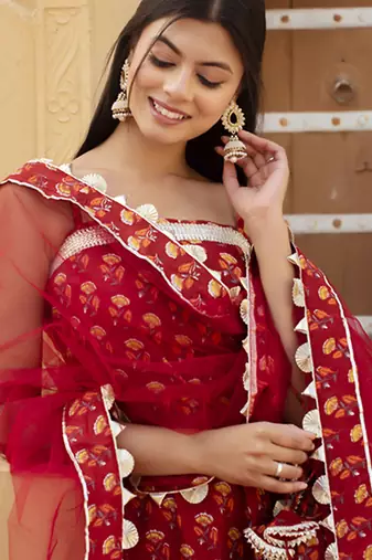 Red cotton printed kurta set