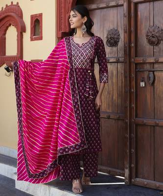 Wine cotton printed kurta set 1